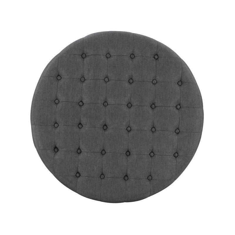 34.6" Isabelle Traditional Round Tufted Upholstered Wheeled Cocktail Ottoman Gray - Linon: Charcoal Linen, Silver Nailhead, Black Legs
