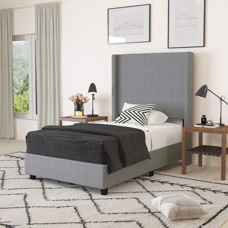 Merrick Lane Modern Platform Bed - Gray Faux Linen - Queen - Padded Wingback Headboard - 8.5" Floor Clearance - Wood Support Slats - No Box Spring Needed