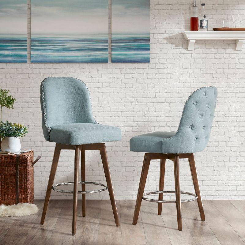 Elegant Blue Swivel Counter Stool with Walnut Wood Finish