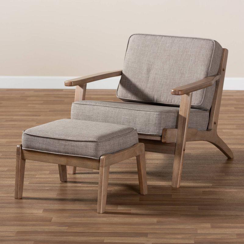 George Oliver Emsworth Mid-Century Modern 2-Piece Antique Oak Finished Armchair and Ottoman Set in Light Grey Fabric