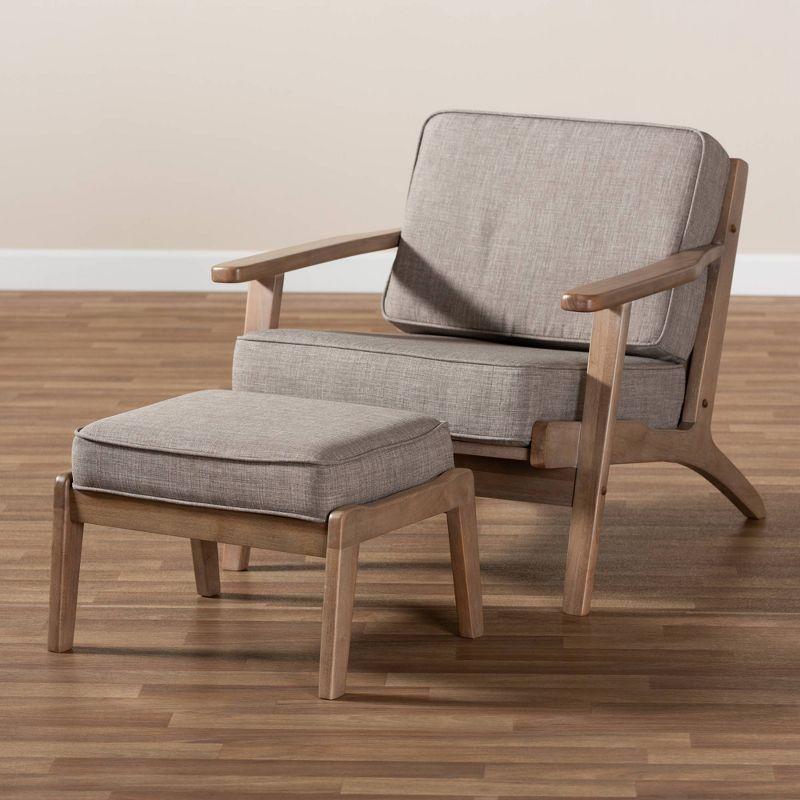 2pc Sigrid Fabric Upholstered Wood Armchair and Ottoman Set Light Gray/Antique Oak - Baxton Studio