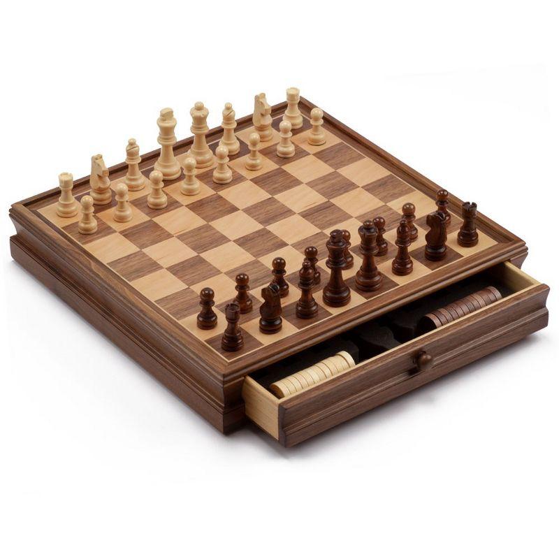 15" Wooden Chess and Checkers Board Game Set with Storage Drawer