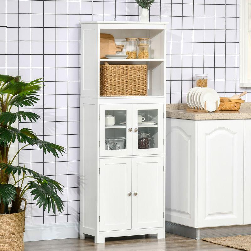 White 63" Freestanding Kitchen Pantry with Glass Doors