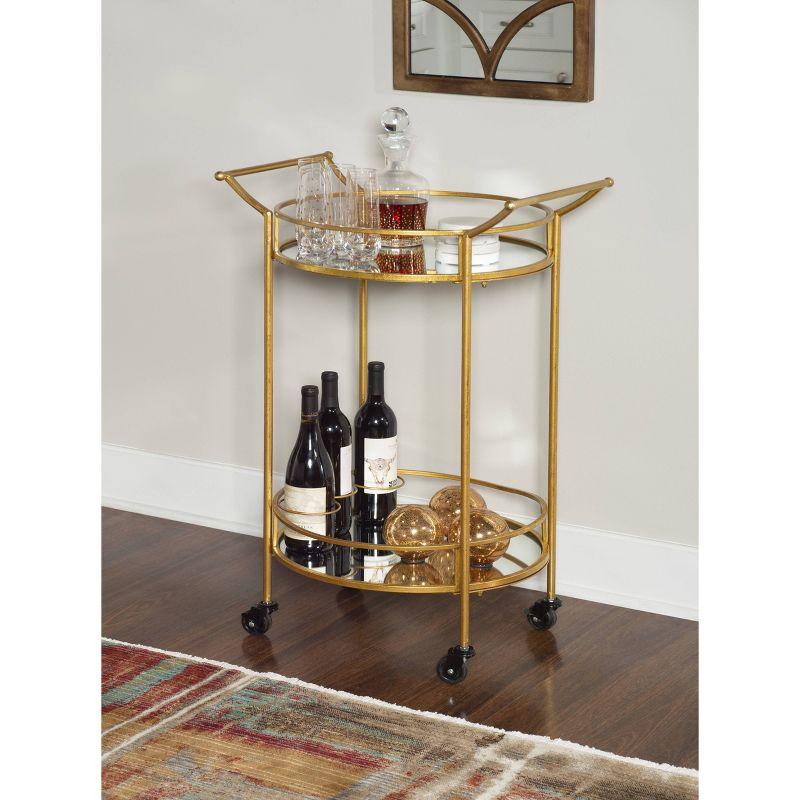 Round Metal Frame 2 Mirrored Glass Shelves Bar Cart with Locking Wheels - Linon: Indoor Serving Trolley