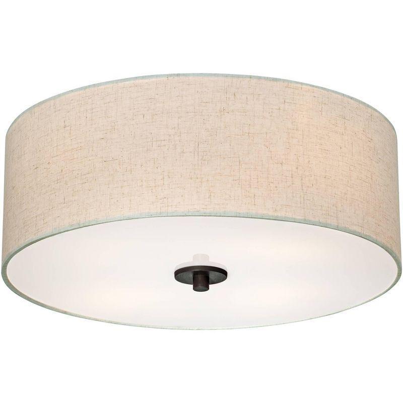 Regency Hill Sylvan Modern Ceiling Light Flush Mount Fixture 18" Wide Bronze 4-Light Oatmeal Fabric Drum Shade for Bedroom Kitchen Living Room Hallway