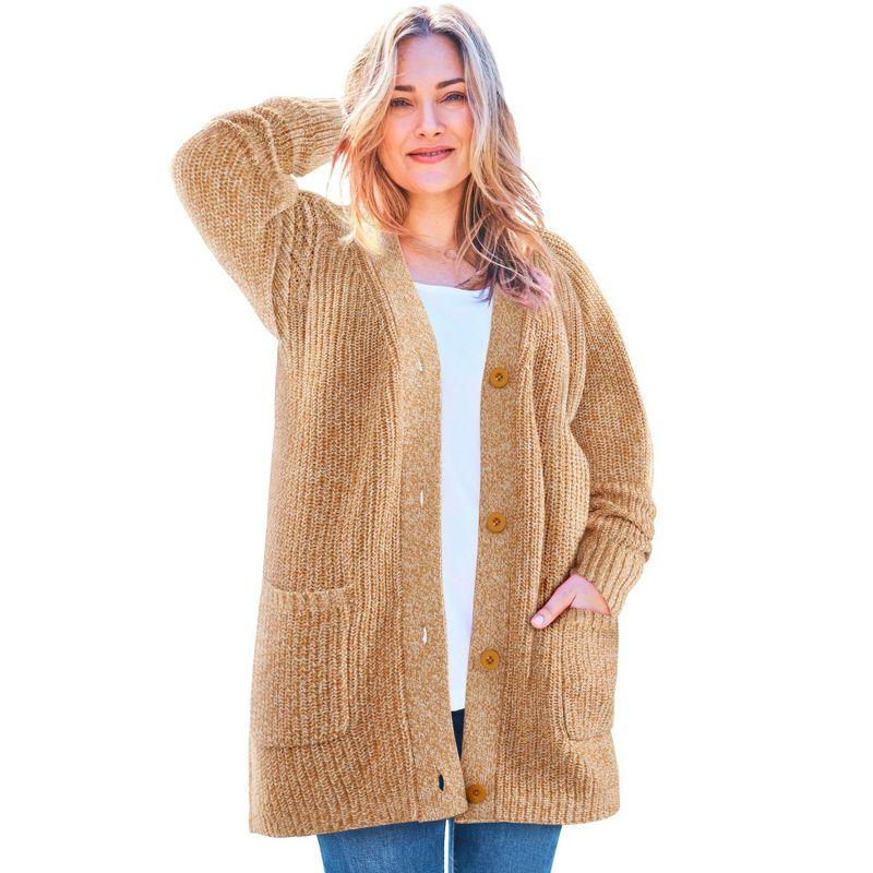 Plus Size Camel Button-Up Cotton Blend Cardigan