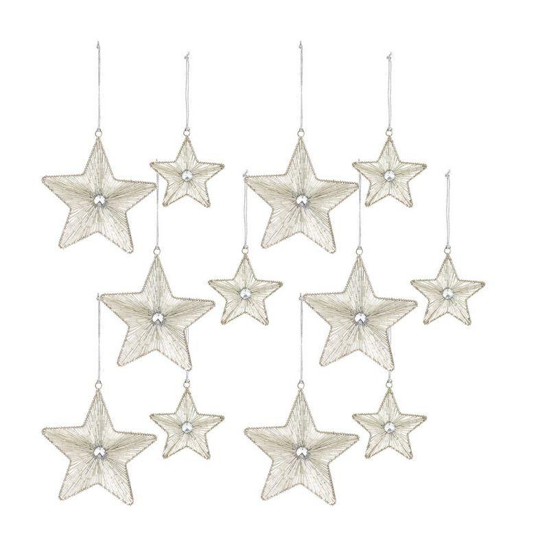 Silver Beaded Metal Star Ornaments Set of 12