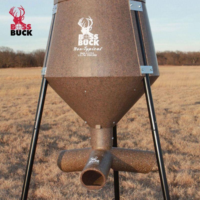 Boss Buck 200 Pound Capacity Gravity Fed Tripod, Corn and Protein Pellet Feeder with 3 Way Adjustable Flow Control for Wildlife, Game, & Deer (2 Pack)