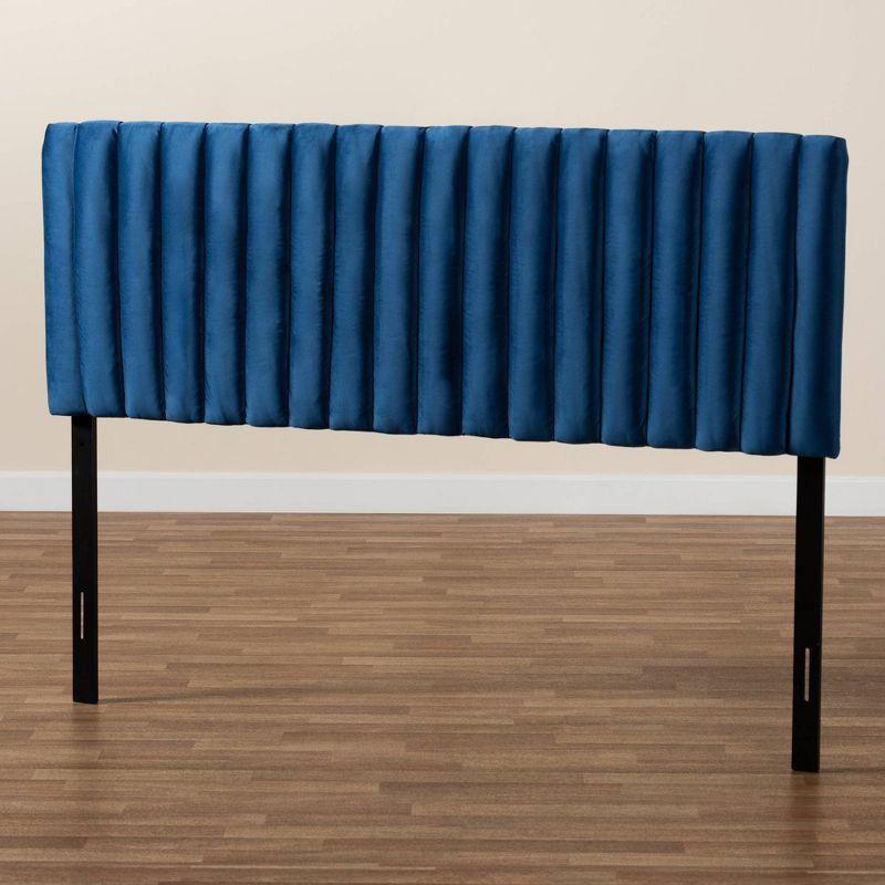 Emile Navy Blue Velvet and Dark Brown Wood Queen Headboard