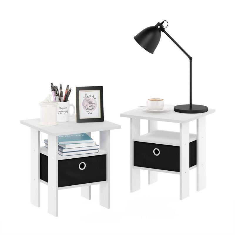 Compact White & Black End Table with Storage Bin and Shelf, Set of 2