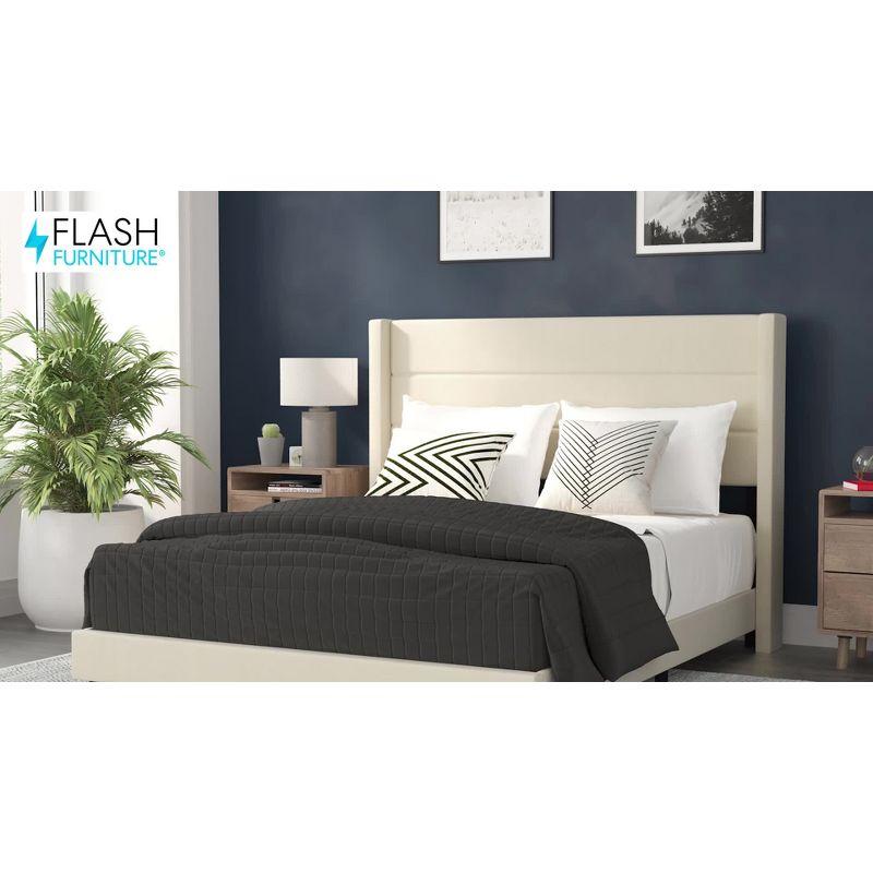 Beige Faux Linen Queen Upholstered Platform Bed with Wingback Headboard