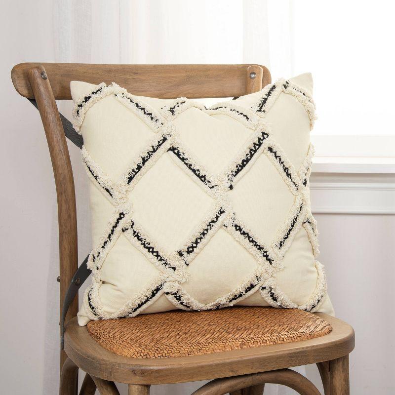 Natural Ivory Cotton Duck 12" Square Embroidered Throw Pillow Cover