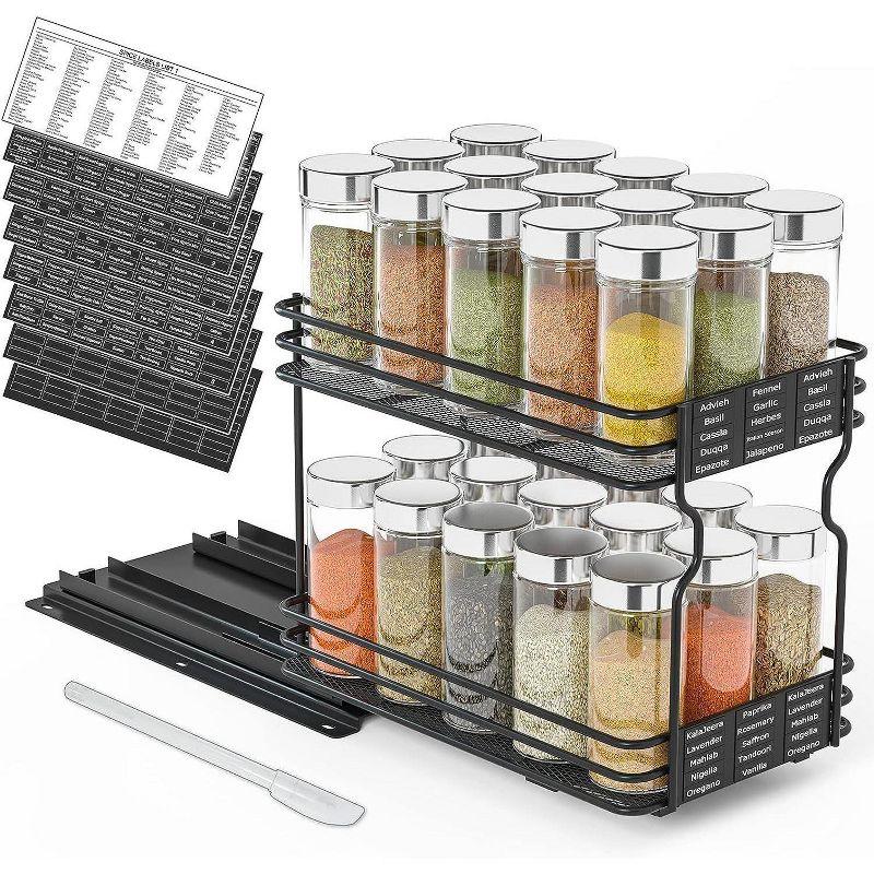 SpaceAid Heavy Duty Pull-Out Spice Rack Organizer for Cabinets – Slide-Out Seasoning Holder with Labels, 1 Drawer, 2-Tier