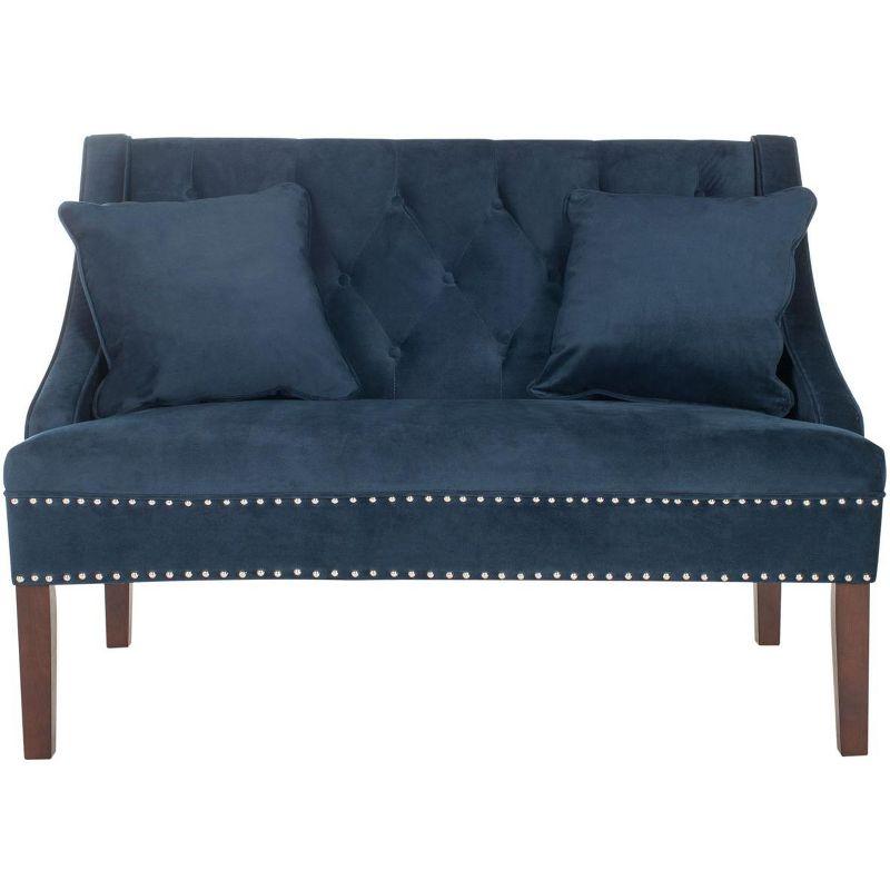 Navy Velvet Tufted Settee with Nailhead Trim and Wood Accents