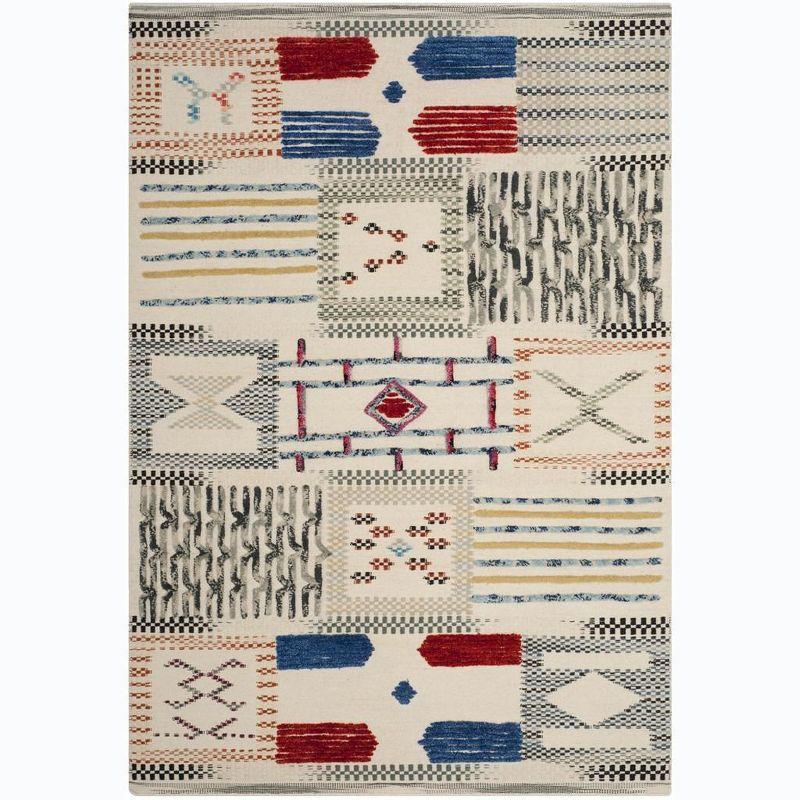 Ivory and Multicolor Flat Woven Wool Area Rug, 5' x 8'