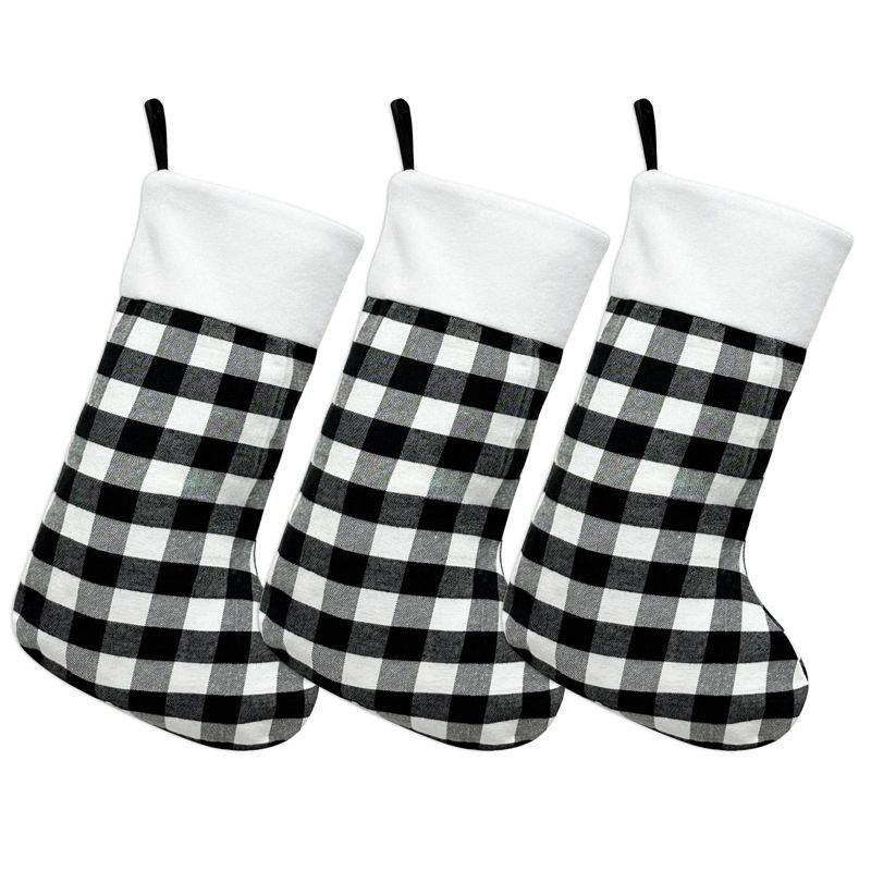 Set of 3 Black Buffalo Plaid Christmas Stockings with White Plush Cuff