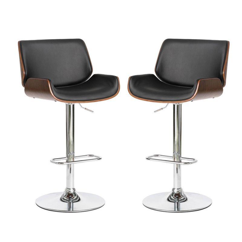 Set of 2 Leatherette Adjustable Height Swivel Bar Stools Chrome Plated Base Black - Glitzhome: Mid-Century, Curved Back, Pneumatic