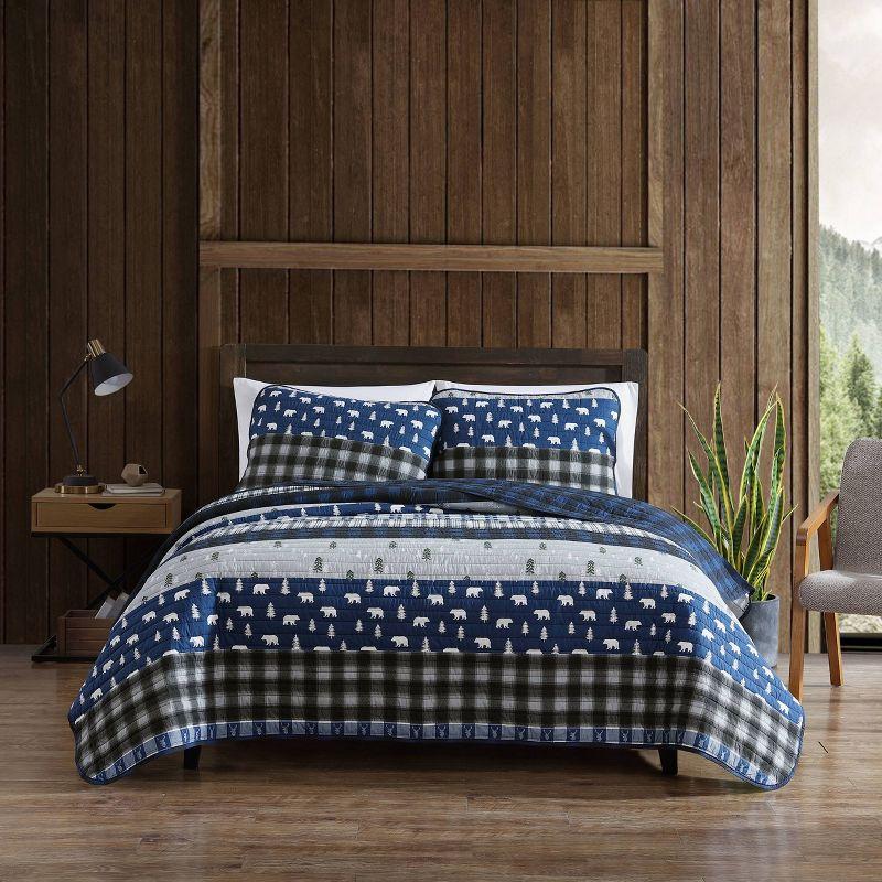 Full Blue Cotton Reversible Quilt Set