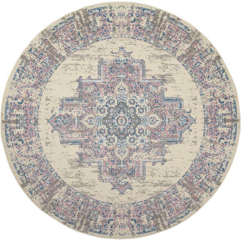 Elegant Medallion Hand-Knotted Round Rug in Ivory and Pink