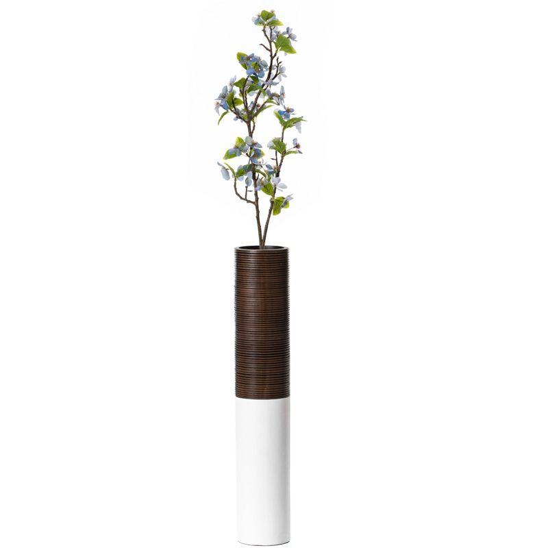 Modern Tall Decorative White and Brown Ribbed Cylinder Floor Vase