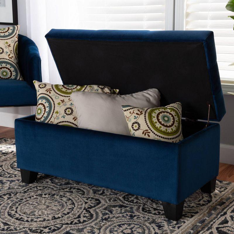 Navy Blue Velvet Tufted Storage Ottoman with Black Wooden Legs