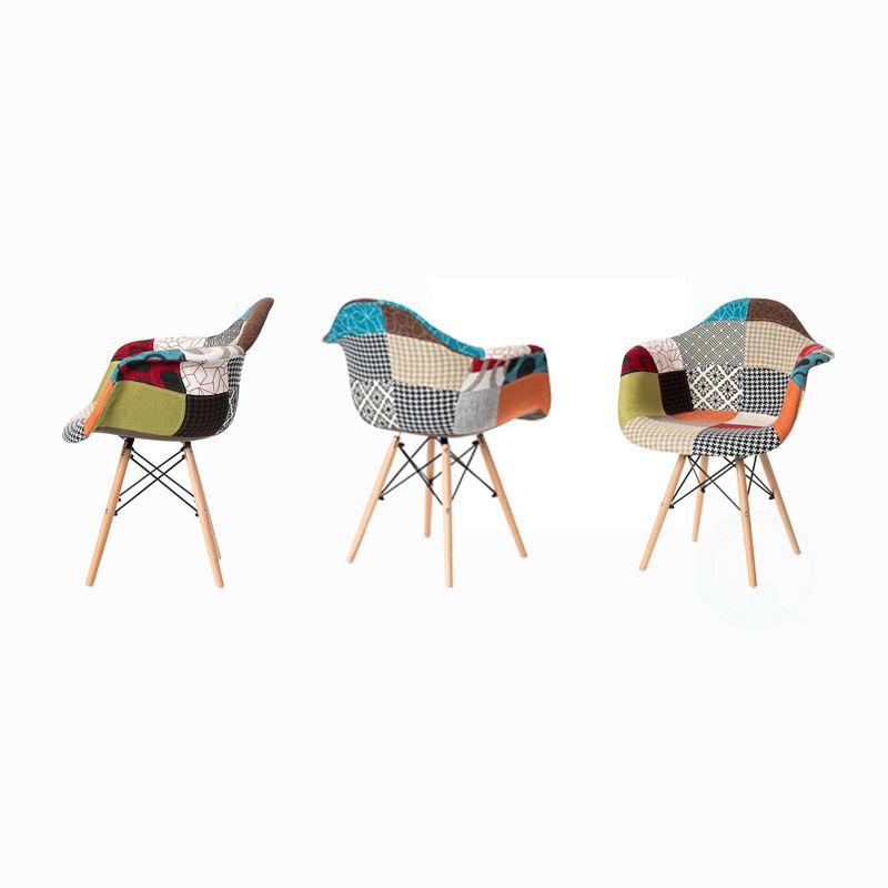 Fabulaxe Mid-Century Modern Upholstered Plastic Multicolor Fabric Patchwork DAW Shell Dining Chair with Wooden Dowel Eiffel Legs