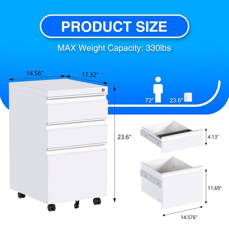 AOBABO 3 Drawer Mobile File Organizer, Lockable Metal Filing Cabinet Storage Cart w/Pencil Tray for Home & Office Organization, Fully Assembled, White