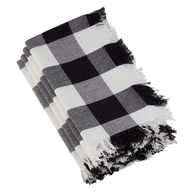 Black and White Buffalo Plaid Cotton Napkins with Fringe, Set of 4