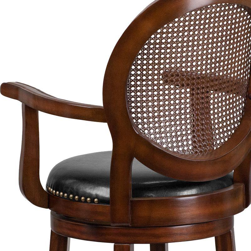 Flash Furniture 30'' High Expresso Wood Barstool with Arms, Woven Rattan Back and Black LeatherSoft Swivel Seat