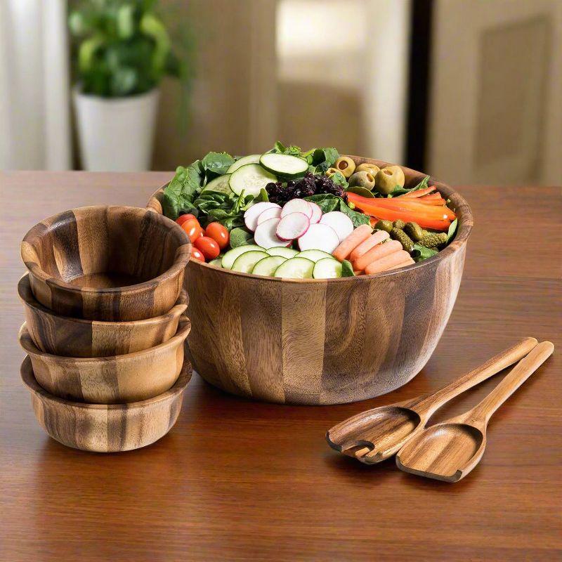 Kalmar Home Solid Acacia Wood  Large Salad Bowl with Servers and 4 Individuals