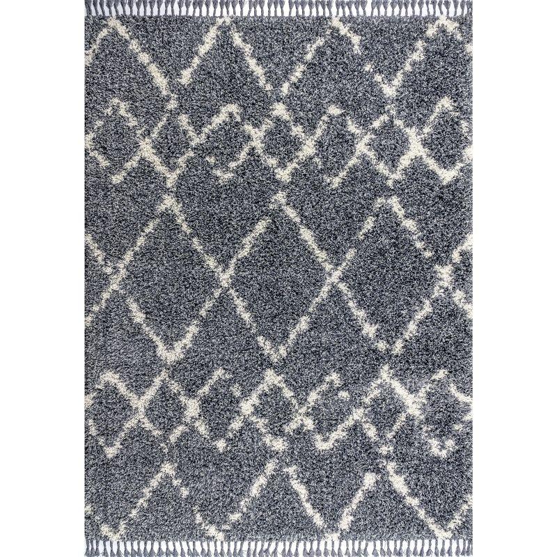 3'x5' Mercer Shag Plush Tassel Moroccan Geometric Trellis Area Rug, Denim/Cream - JONATHAN Y