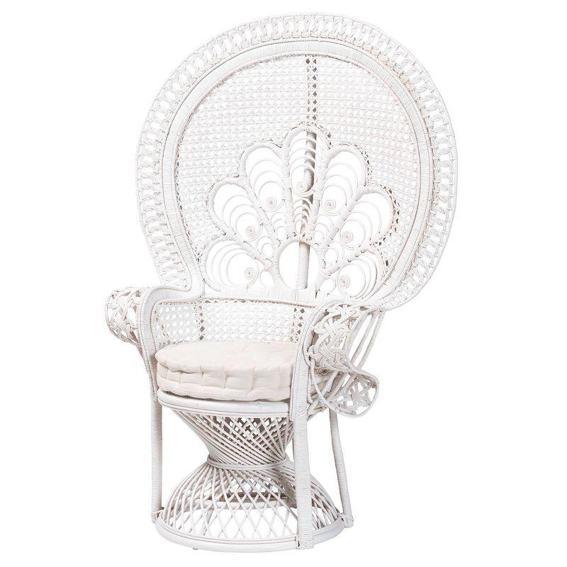 bali & pari Ediva Natural Rattan Peacock Accent Chair White: Upholstered Polyester, No Assembly Required