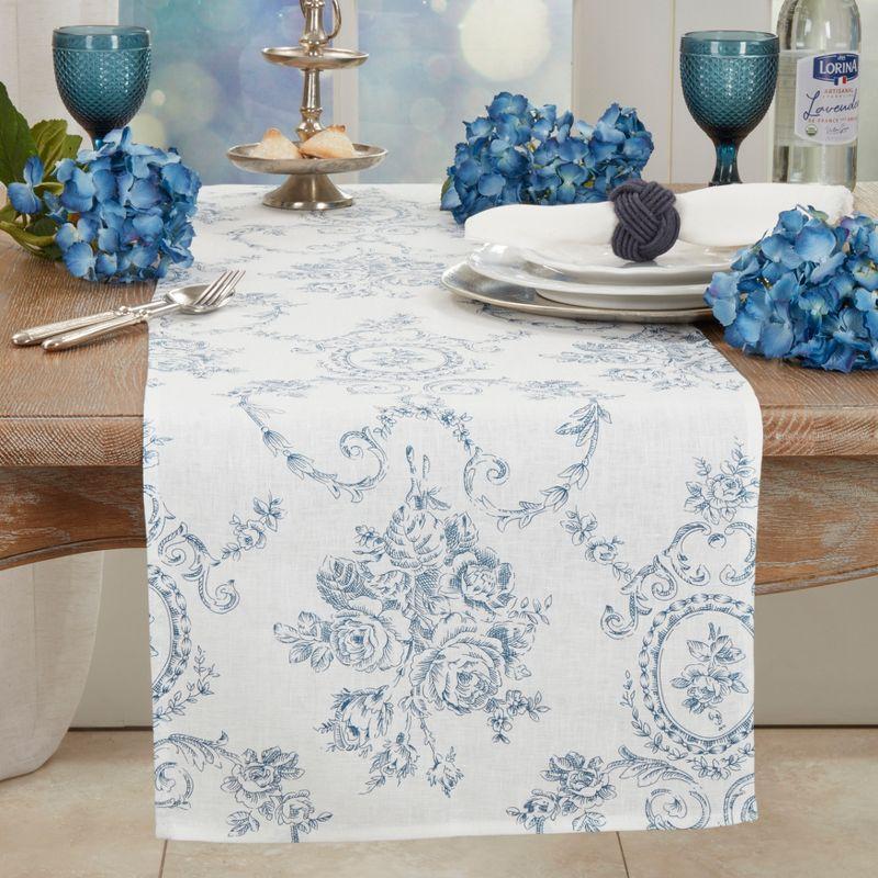 Indigo Floral Linen Table Runner with Toile Design