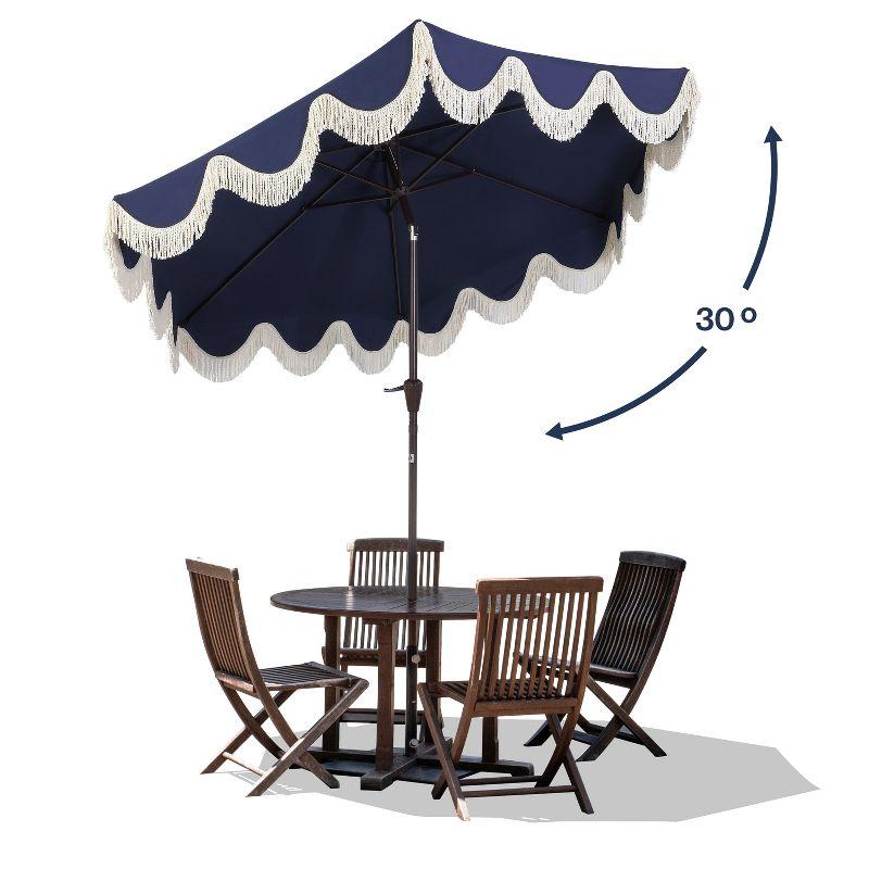 Arlmont & Co. Teretha 9 ft. Classic Cottage Tassel Market Patio Umbrella with Auto-Tilt, Crank, and UV Protection