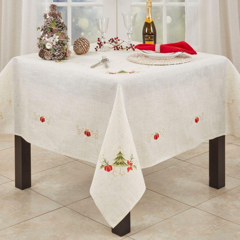 Saro Lifestyle Embroidered Christmas Tree Design Holiday Linen Blend Tablecloth, 67"x67", Beige