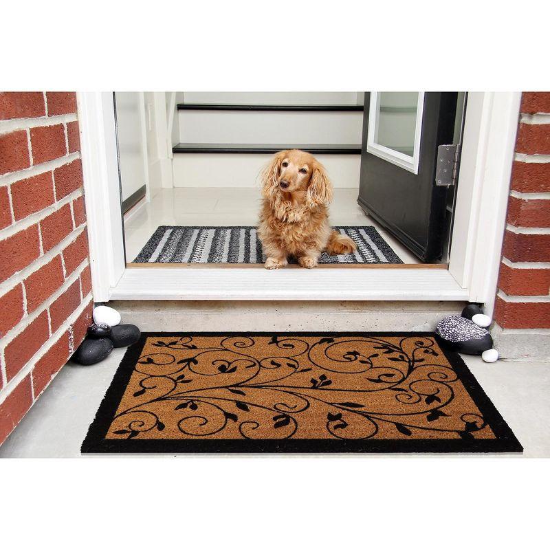 Natural Coir Outdoor Doormat with Black Leafy Vine Print