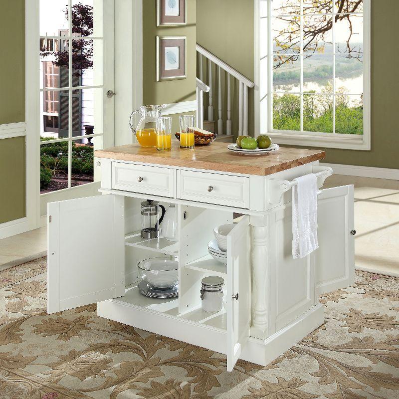 Crosley Butcher Block Top Kitchen Island - White: Hardwood Frame, Towel Bar, 4 Shelves, 2 Drawers