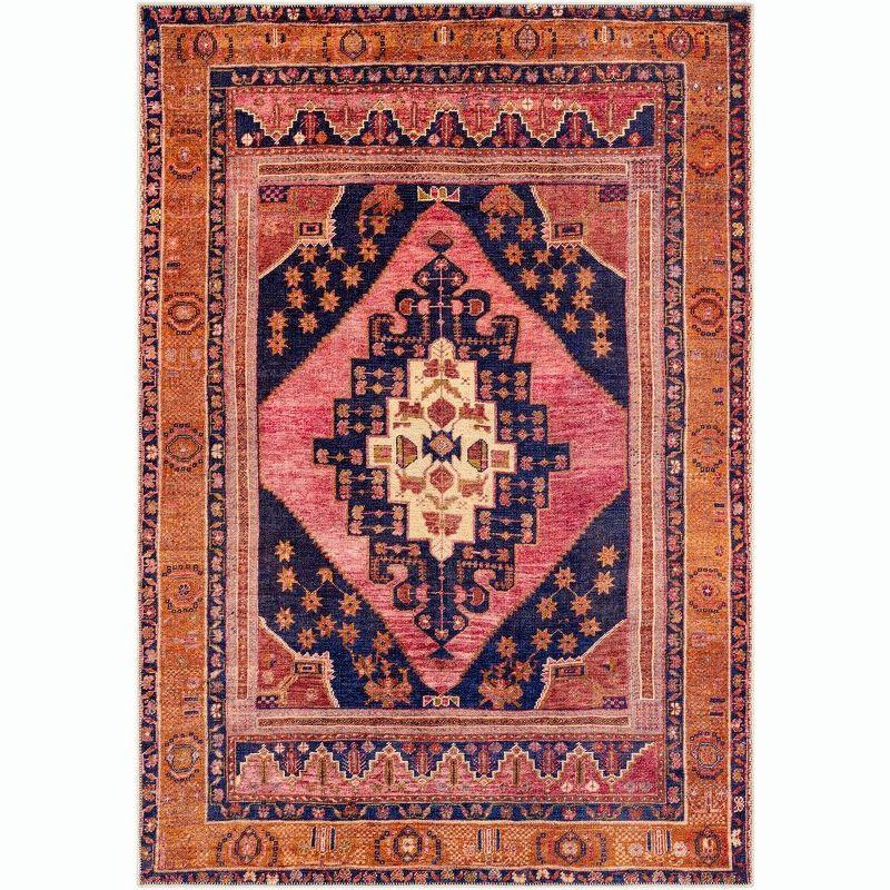 Western Springs Coral and Navy Traditional Washable Area Rug