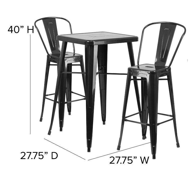 23.75" Square Black Steel Indoor-Outdoor Bar Table Set with 2 Stools