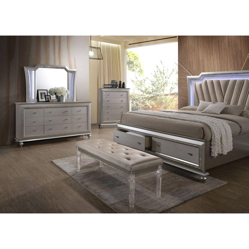 Queen Kaitlyn Bed with LED Headboard Faux Leather/Champagne - Acme Furniture: Glam Style, Storage Drawers, No Box Spring Needed