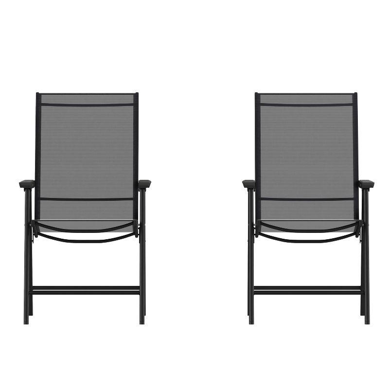 Black Metal Outdoor Folding Sling Dining Chairs, Set of 2