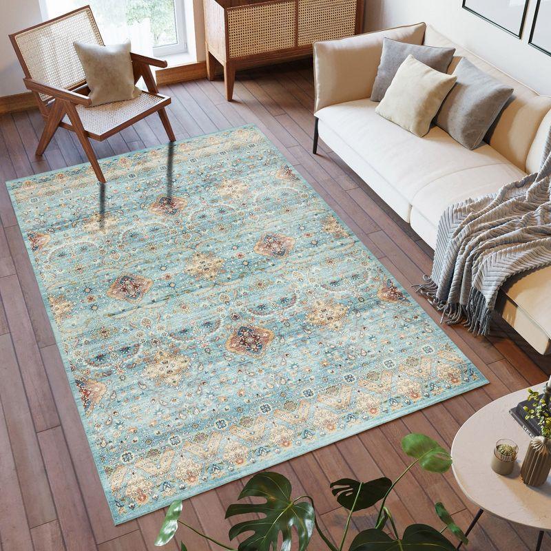 Gertmenian Crystal Print Tanis Sage Aqua Cream Multi Moroccan Bohemian Polyester Washable Flat Pile Indoor Area Rug