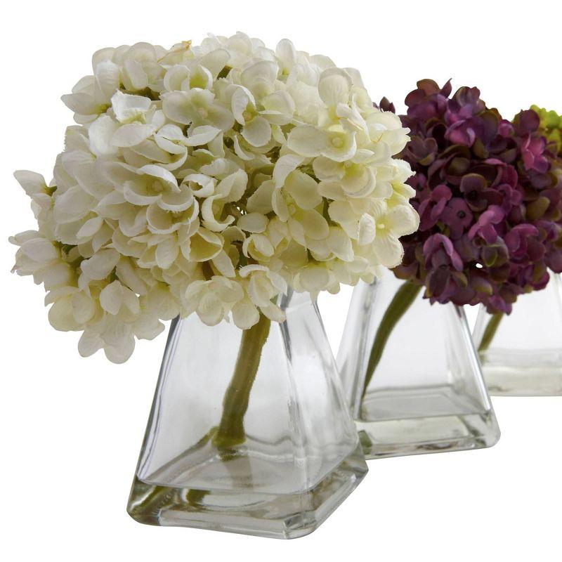 Nearly Natural Set of 3 Artificial Hydrangea Plant in Glass Vase: Faux Floral Decor, Indoor Tabletop Display