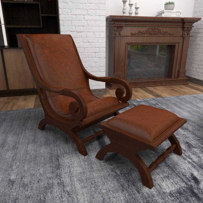 Traditional Teak Wood Accent Chair with Arms and Ottoman Brown - Olivia & May: Leather Upholstered, No Assembly Required