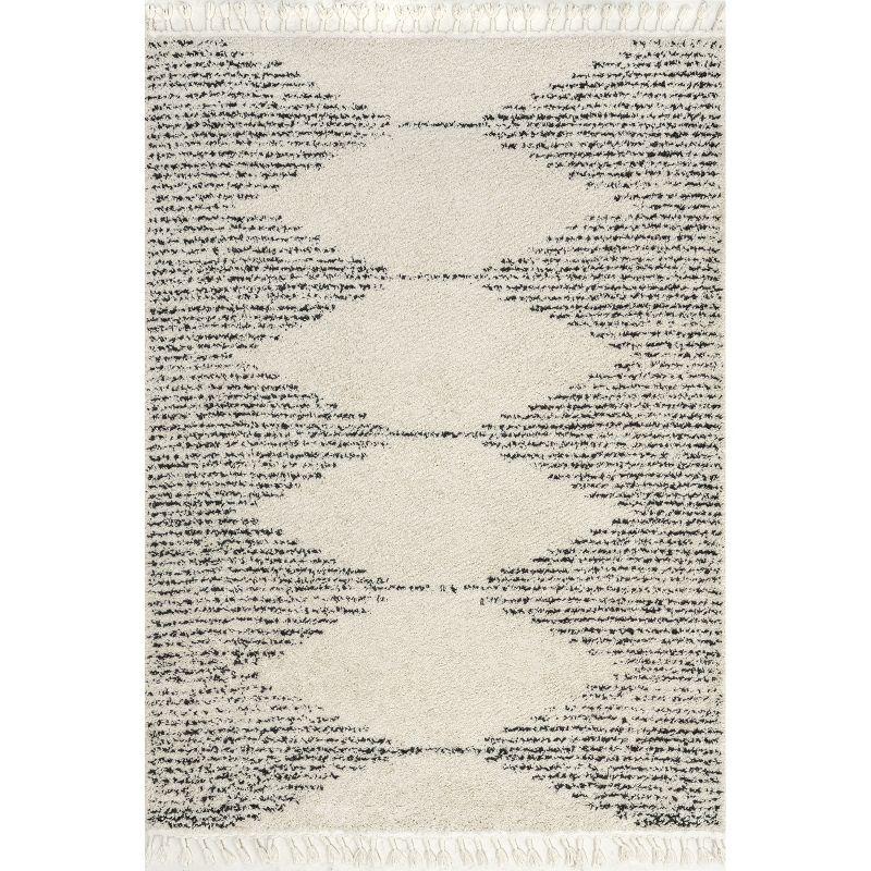 Off-White Synthetic Square Shag Rug with Braided Tassels