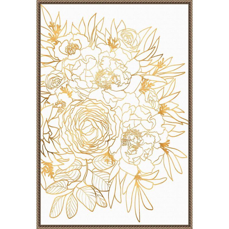 Gold Botanical Rose Beaded Framed Canvas Wall Art