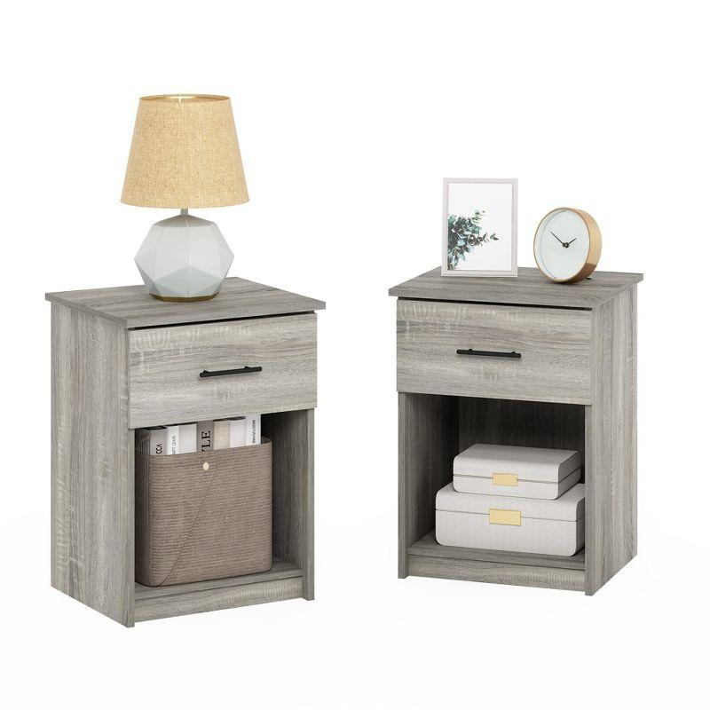 Furinno 2PCS Mid-Century Nightstand Multipurpose End Table Accent Side Table W/Drawer & Open Storage Cube for Bedroom,Living Room,French Oak Grey