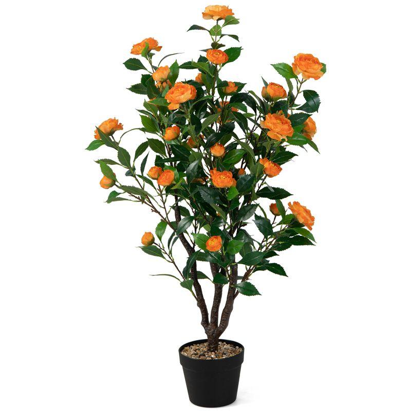 40" Orange Faux Camellia Tree in Black Pot