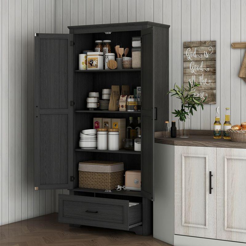 HOMCOM 69" Tall Farmhouse Kitchen Pantry Storage Cabinet with Drawer and Adjustable Shelves, Black
