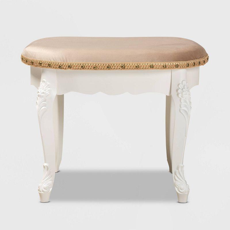 Gabrielle Velvet Fabric Upholstered Wood Vanity Ottoman Sand/White/Gold - Baxton Studio: French-Inspired, Brass Nailhead Detail, Cabriole Legs